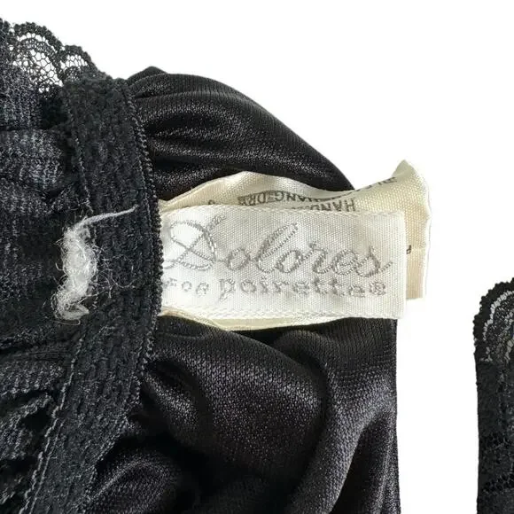 Vintage 70s Dolores For Poirette Black Sleepwear Jumpsuit Medium Lace Gold Satin - Picture 6 of 8